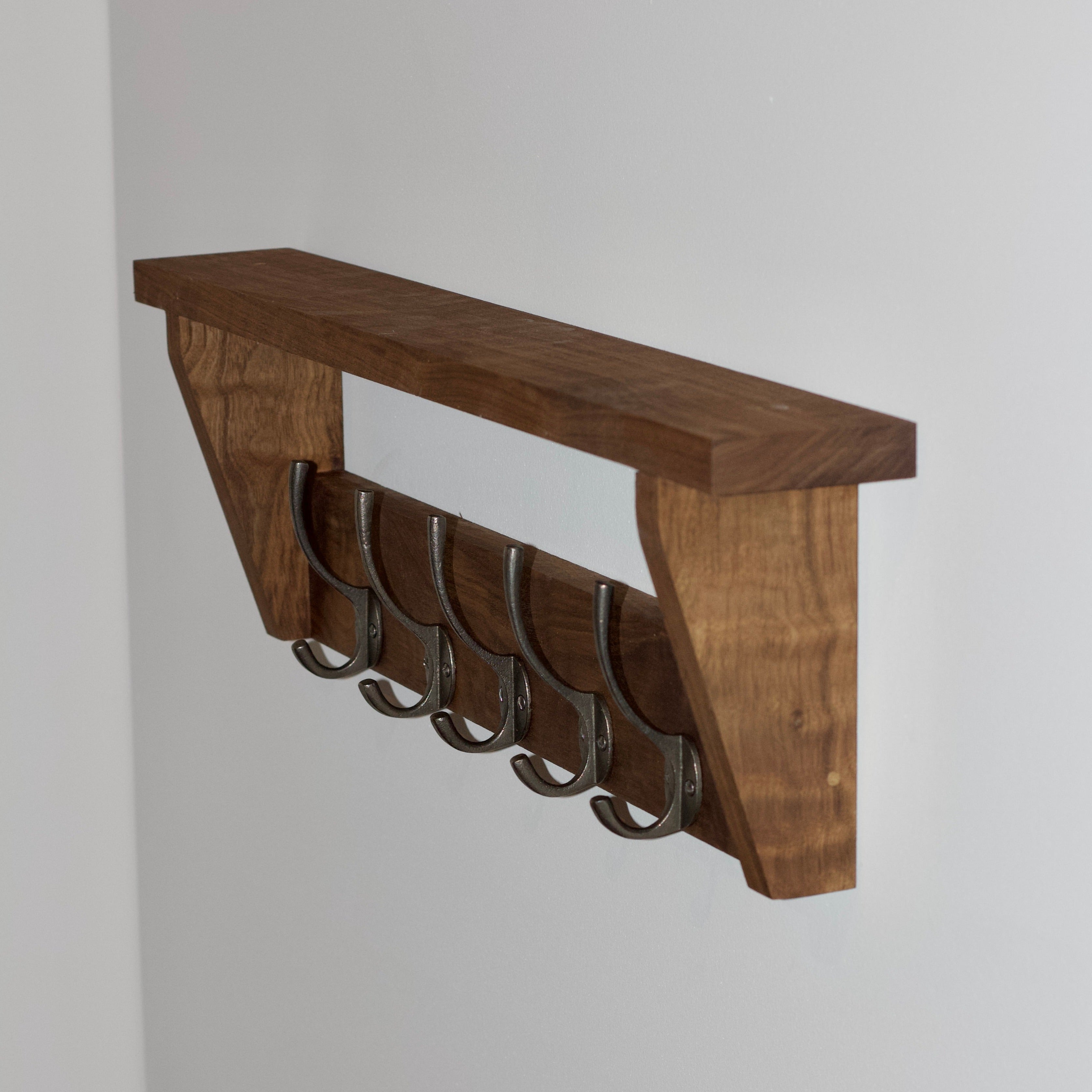 Solid Walnut Coat Rack With Shelf and Cast Iron Hooks